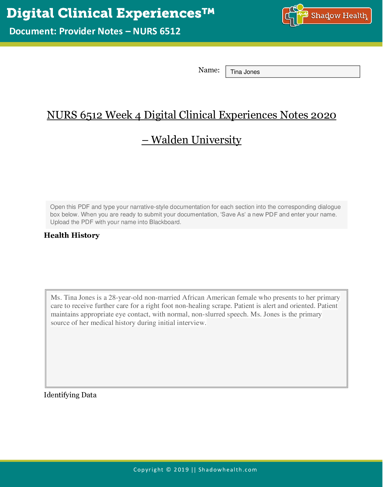 Preview of NURS 6512 Week 4 Digital Clinical Experiences Notes 2020 – Walden University | NURS6512 We